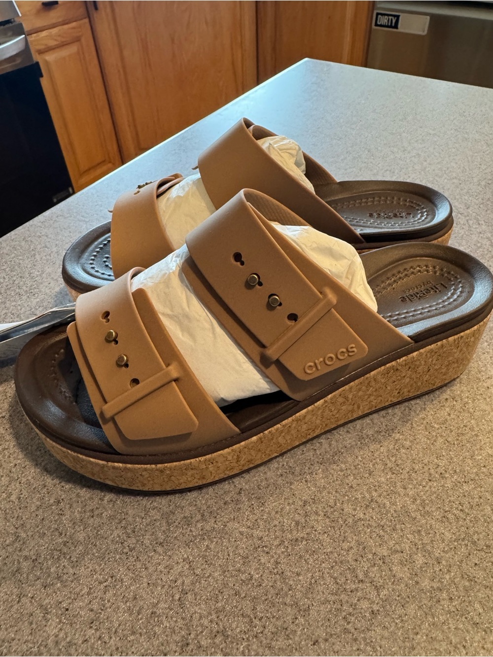 CROCS Women's Brown Cork-Platform Double Strap Slide Sandals